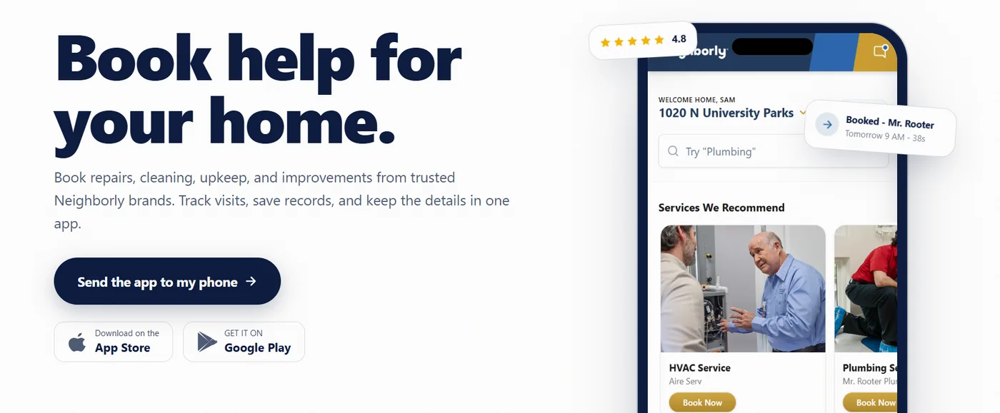 Neighborly app download page showing customer portal booking and service recommendations
